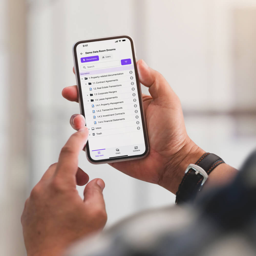 Person using Drooms data room app on mobile