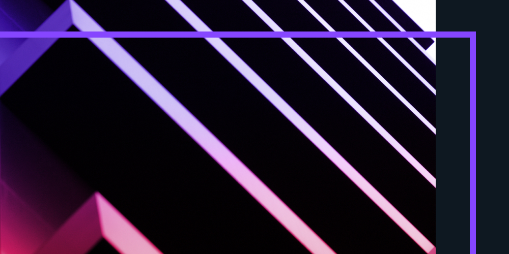 Diagonal black bars with neon purple and pink edges forming an abstract geometric pattern, framed by a thin bright violet border against a dark background.